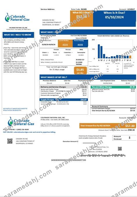 USA Colorado Natural Gas business utility bill template in Word and PDF formats